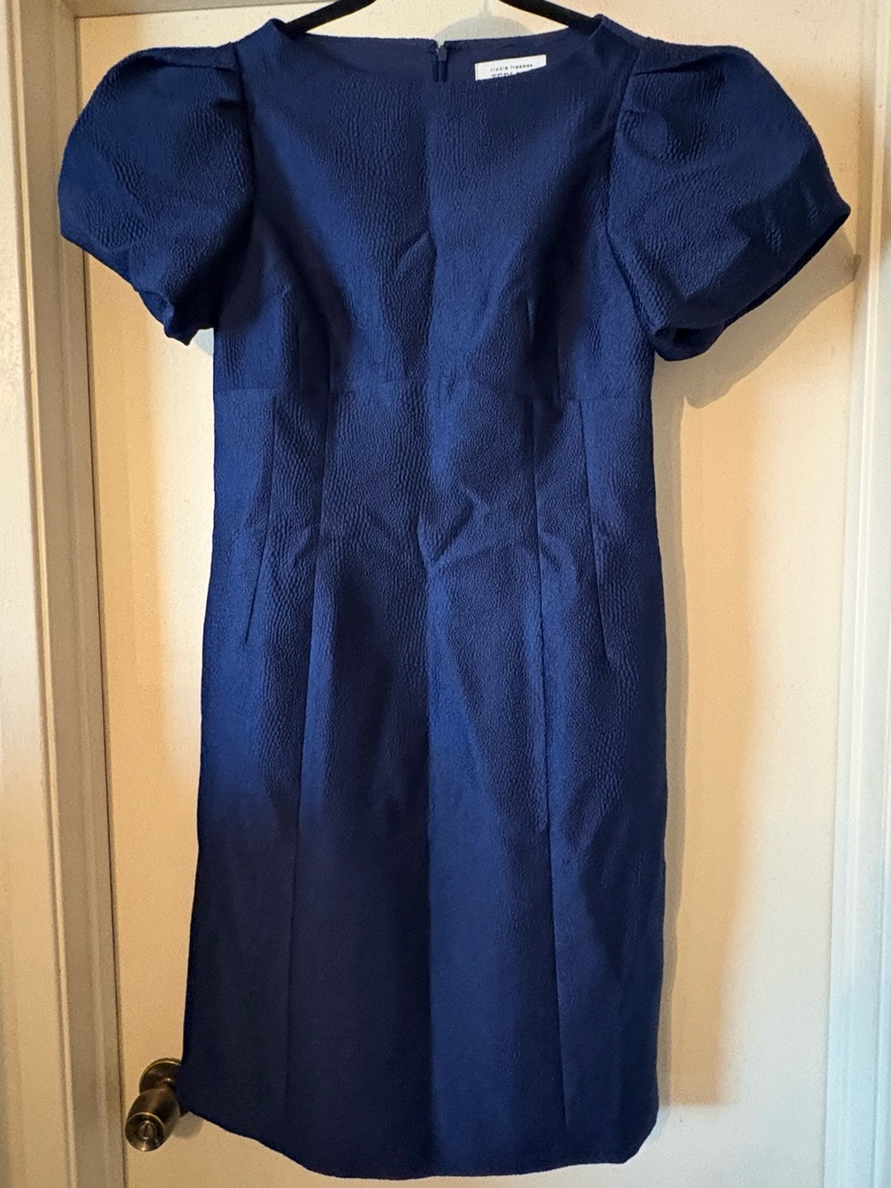 Rickie Freeman for Teri Jon Navy Puff-Sleeve Jacquard Sheath Dress 6